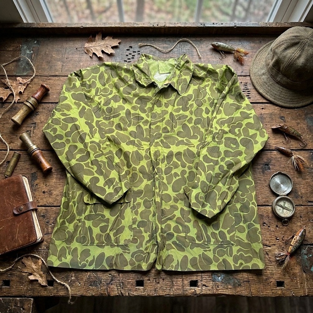 Vintage Frog Skin Camo Rain Jacket Windbreaker Vented Packable Hood Mens L Green